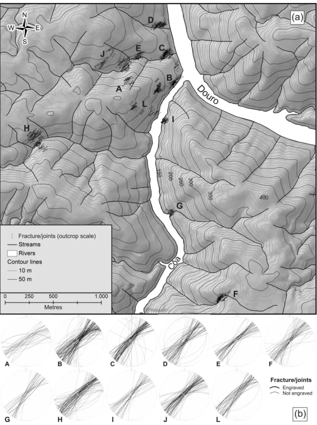 Fig. 4. Fracture/joints strike related to slope topography in the Douro/Côa confluence area (a); orientation in equal-area stereoplot of  poles to fracture/joints (engraved and un-engraved) measured in outcrops of the study area (local scale - no map view)