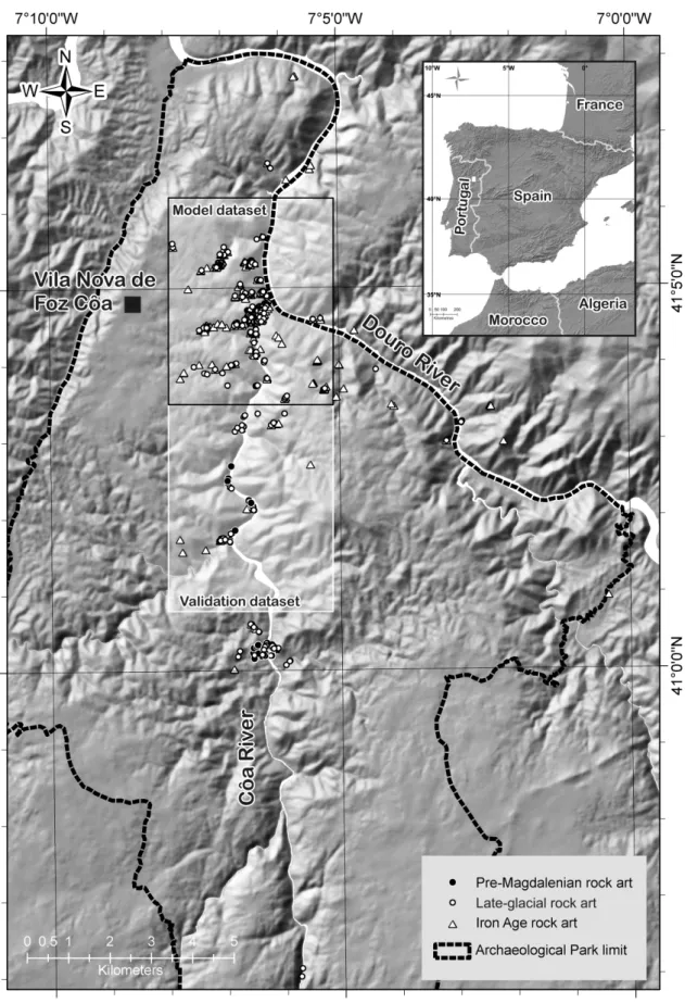 Fig. 1 Location map of the study area. Spatial distribution of the Pre-Magdalenian, Late-glacial and Iron Age rock art phases in the  Côa and Douro River Valleys, with localisation of model and validation datasets used in this study