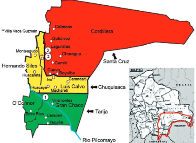 Fig. 1: map of the study area. Zapaterambia (1) (municipality of Entre  Rios) is located in the province of Gran Chaco (Tarija Department)