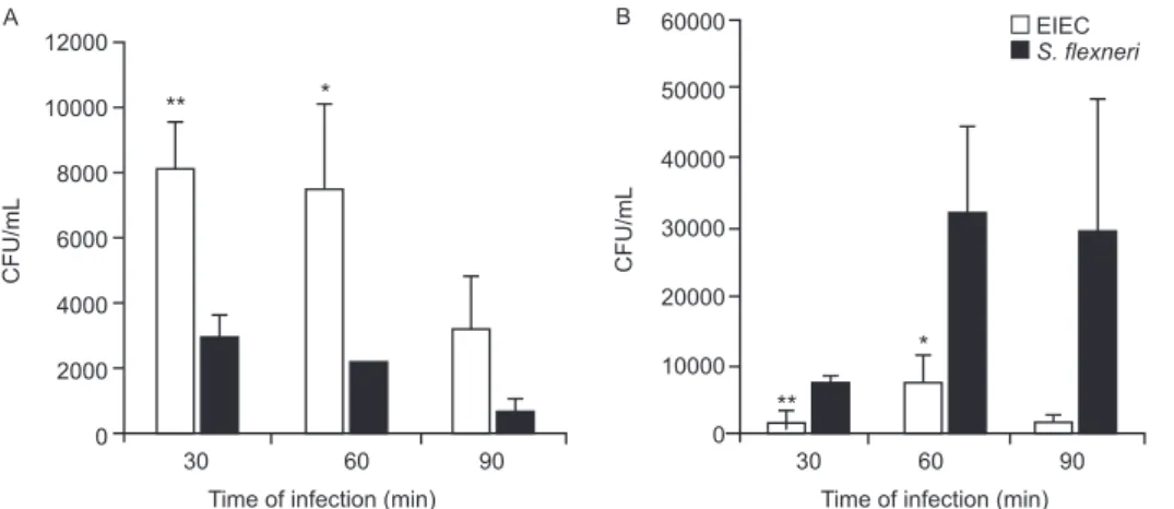 Fig. 1: colony forming units (CFU) values measured inside cultured cells (A) and in culture supernatant (B) for enteroinvasive Escherichia coli  (EIEC) (white bar) and Shigella flexneri (black bar) after phagocytosis by J774 macrophages