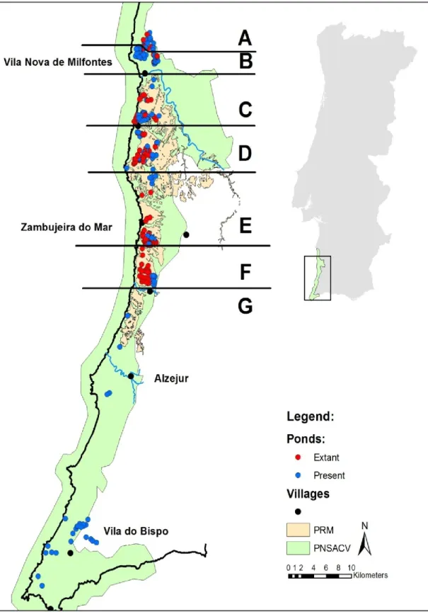 Figure  1:  Study  area.  In  blue  are  the  ponds  that  still  persists  in  2009,  in  red  the  ponds  destroyed