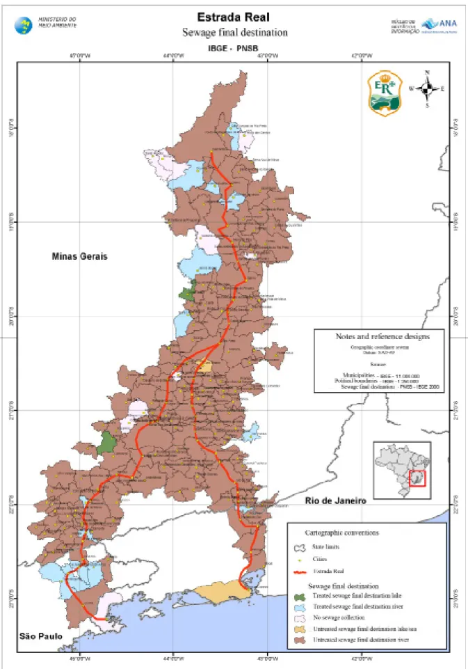 Fig. 1: map showing the municipalities of the Estrada Real project in Minas gerais, Rio de Janeiro and São Paulo, Brazil and sewage destination  (Brazilian Ministry of Environment).