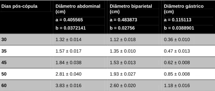 Tabela  8  – Diâmetros ultrassonográficos abdominais, craniais e gástricos de fetos felinos durante a  segunda metade da gestação (Adaptado de Zambelli et al