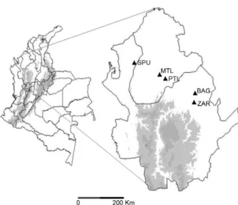Fig. 1: distribution of collection sites for Anopheles nuneztovari s.l. in  Antioquia and Córdoba, Colombia