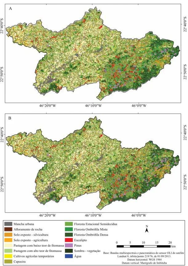 Figura 4. Mapas de uso do solo e cobertura vegetal da Alta Bacia do Rio Piracicaba‑Jaguari, MG,  segundo os classificadores digitais SVM (A) e K‑NN (B) para classificação orientada a objeto.