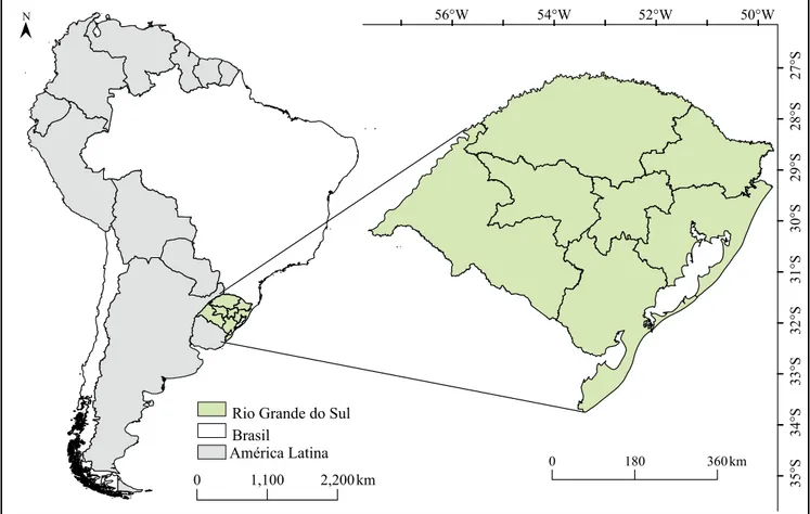 Figura 1. Região de estudo, que compreende o Estado do Rio Grande do Sul (em verde). Subdivisão do estado de acordo com  as mesorregiões definidas pelo Instituto Brasileiro de Geografia e Estatística (Instituto Brasileiro de Geografia e Estatística,  1990)