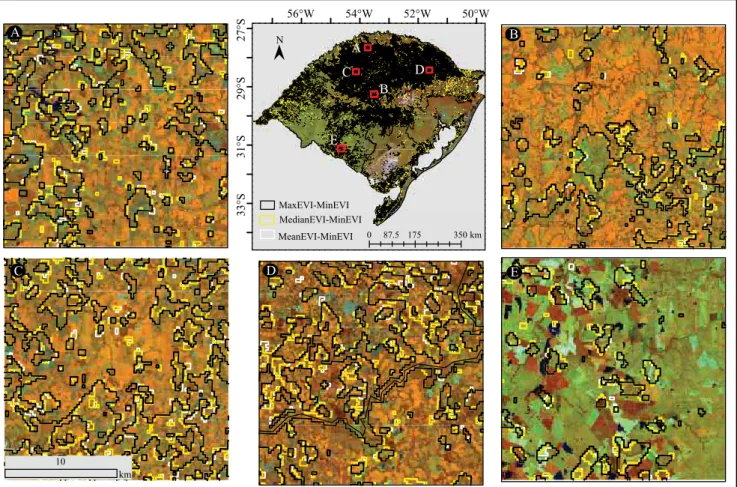 Figura 2. Mapas de detecção de áreas agrícolas em tempo quase real (DATQuaR) (vetores), no período de janeiro/fevereiro  de 2014, sobrepostos a imagens Landsat 8/OLI, para visualização dos talhões mapeados. O mapeamento difere de acordo  com as formas de a