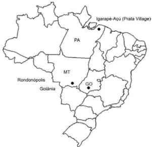 Fig. 1: geographical localization of the three Brazilian leprosy endem- endem-ic study areas: Iguarapé-Açú/Prata Village, state of Pará (PA),  north-ern region, Rondonópolis, state of Mato Grosso (MT), and Goiânia,  state of Goiás (GO), in central-western 