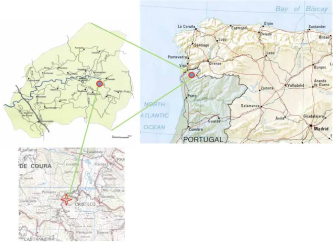 Fig. 1. Concelho de Paredes de Coura na Península Ibérica e localização do Castro de Cristelo também no  mapa dos Serviços Cartográficos do Exército, escala 1/25.000, folha nº 15, de 1996.