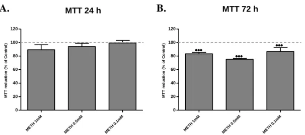 Figure 8. Percent of C8-D1A viability after being exposed to decreasing doses of METH at 24 h and 72 h