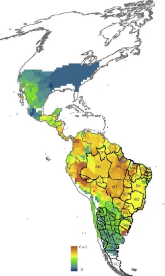 Fig. S5: political divisions of Brazil (states) and Argentina (provinces) overlapped onto the spatial  pattern of variation in triatomine species richness