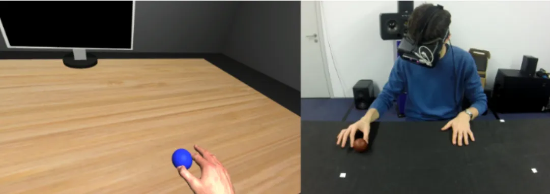 Figure 3.1: A user receiving haptic feedback directly from a sphere (right) coherent with what he sees in the VE (left)