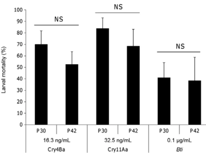 Fig. 4: differential mortality of P30 and P42 Aedes vexans populations  to Cry4Ba (16.3 ng/mL), Cry11Aa (32.5 ng/mL) and commercial  Ba-cillus thuringiensis subsp