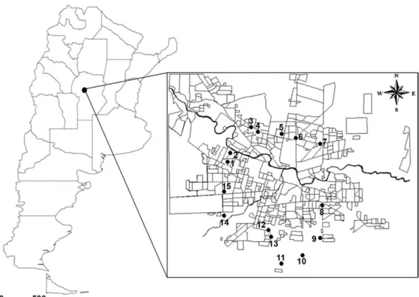 Fig. 1: map of Argentina. Location of 15 sampled larval habitats in Córdoba city (Córdoba Province), Argentina.