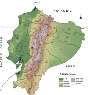 Fig. 2: map of Ecuador. The central brown Andes belt marks the Ande- Ande-an region. The Pacific coastal Ande-and eastern Amazon regions with  tropi-cal climate are in green