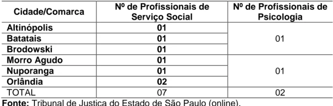 Tabela 1 - Cidades que compõem a 39ª Circunscrição do Estado de São Paulo  e número de profissionais de Serviço Social 