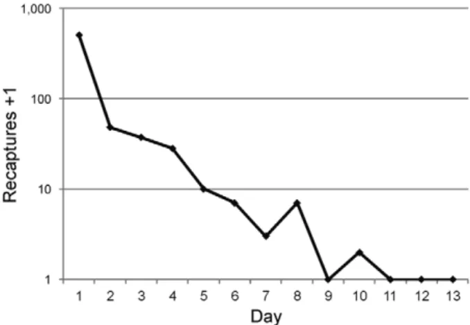 Fig. 3: male recaptures over time. Daily recaptures are presented on a  logarithmic scale for the 13 day trapping period of the study.