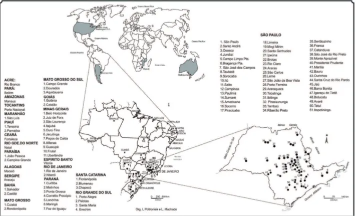 Figura 3. Espacialização do destino proissional dos egressos do mestrado do Programa de Pós-graduação em Geograia da  UNESP Rio Claro – Período 1980-2008