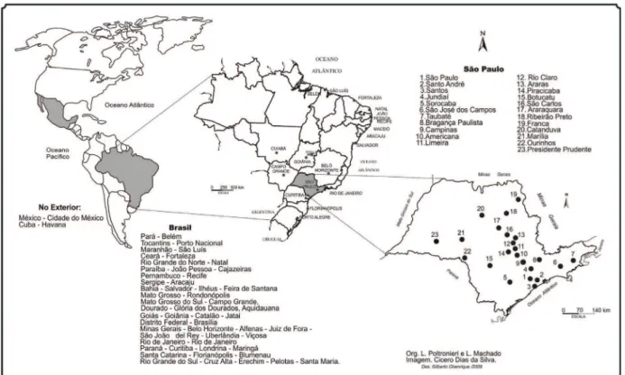 Figura 6. Espacialização do destino proissional dos egressos do doutorado do Programa de Pós-gradu- Pós-gradu-ação em Geograia da UNESP Rio Claro – Período 1987-2008