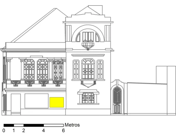 Figura 8: A amarelo: polígono adquirido no alçado NW do edifício (PE6). 