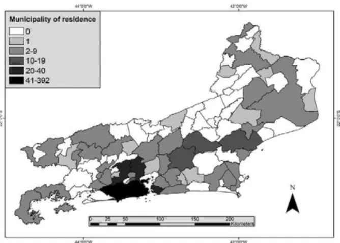 Fig. 4: municipality of residence of imported and autochthonous ma- ma-laria cases in the state of Rio de Janeiro, 2002-2010 (cases per munici- in the state of Rio de Janeiro, 2002-2010 (cases per munici-cases per  munici-pality)