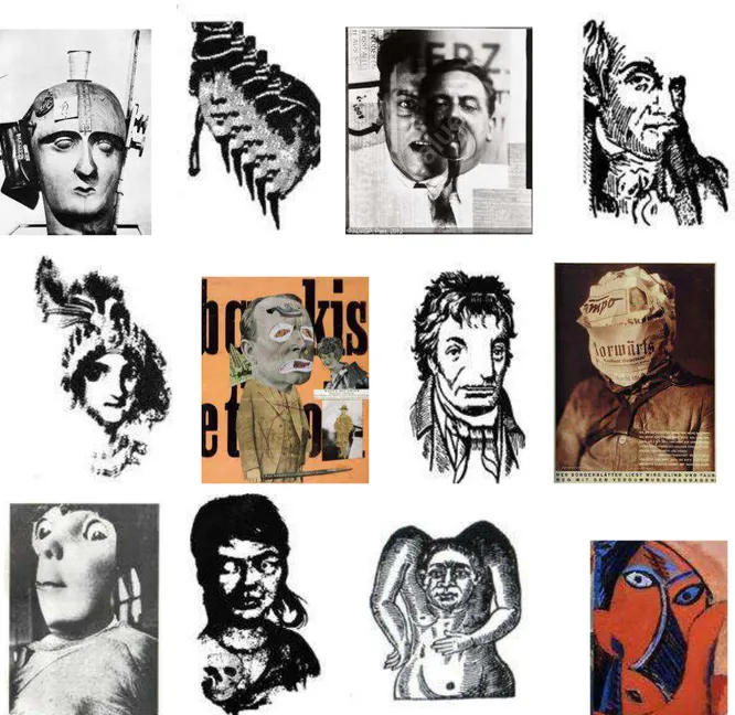 FIGURA 21: Retratos: Da esquerda à direita, alto para abaixo: (1) Mechanical Head,  de Raoul Hausmann; (2)  colagem de História do Brasil; (3) Kurt Schwitters; (4) colagem de História do Brasil; (5) colagem de História do  Brasil; (6) Raoul Hausmann; (7) c