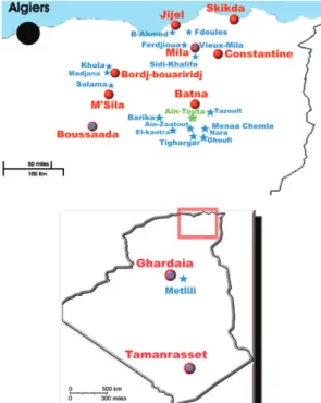 Fig. 1: sampling realised for this study in different areas of  Algeria.  Aïn-Touta  is  the  type  locality  of  Phlebotomus   ser-genti