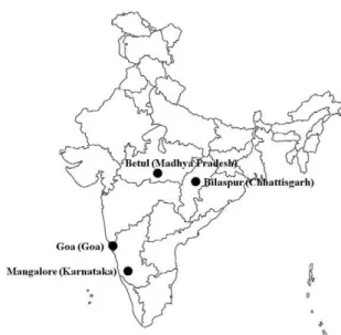 Fig. 1: map of India showing the location of collection of samples of  Plasmodium falciparum isolates.