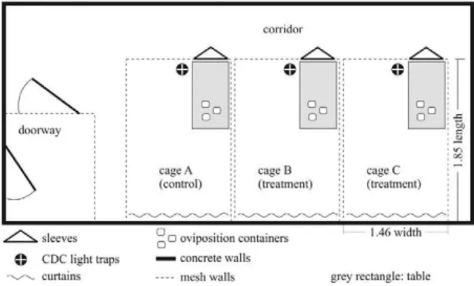 Fig.  1:  sketch  of  large  laboratory  cages.  Three  identical  screened  cages just over 5 m 3  were used