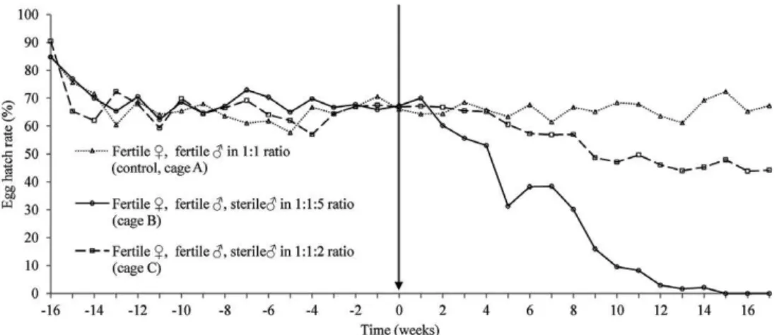 Fig. 2: hatch rate of Aedes aegypti in treatment and control cages. Stable hatch rate was achieved in each of the three cages during a pre-treat- pre-treat-ment phase