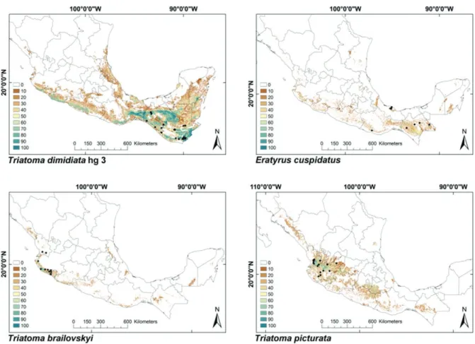 Fig. 2: ecological niche models for Mexican Triatominae distributed in the Neotropical Region, subgroup 1