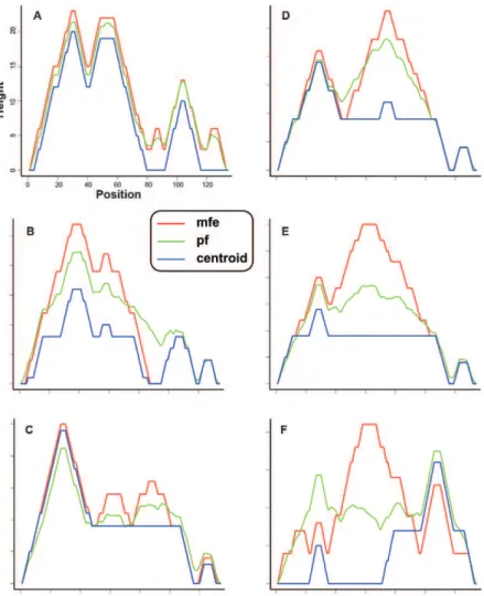Fig. 2: secondary structure mountain plots of height vs. position (height m k  = number of base pairs enclosing the base at position k) for the  functional and pseudogenic sequences of the 5.8S gene of representative Triatominae taxa: A: functional conserv