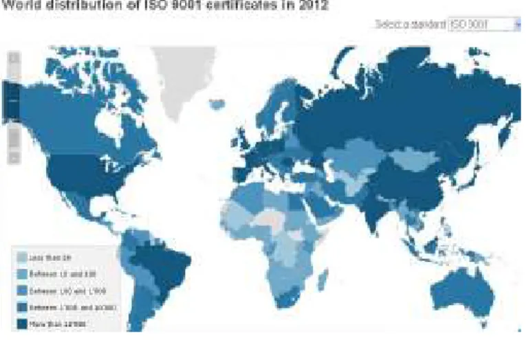 Figura 6-Distribuição global de organizações certificadas pela norma ISO 9001:2008.(1) 