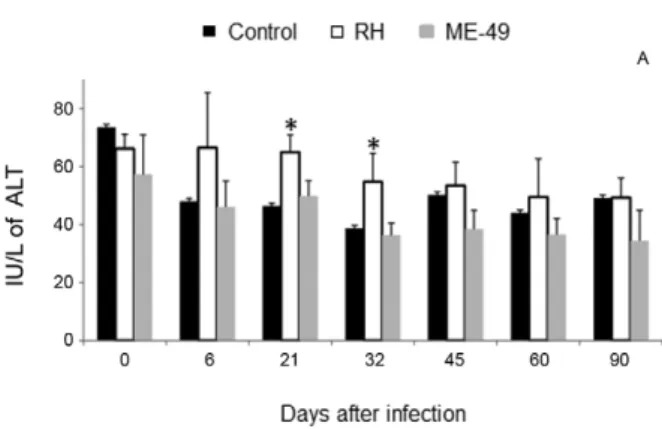 Fig. 2: alanine aminotransferase (ALT) activity during the infection of  BR-1 pigs with Toxoplasma gondii of the ME-49 or RH strains