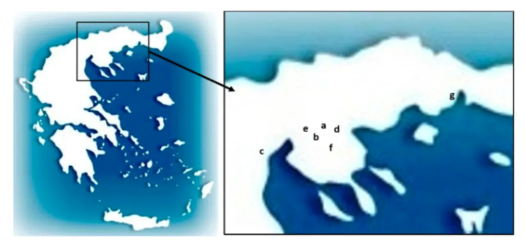 Figure 9 Locations where birds were captured and examined in Greece. a: Loutra Volvis), b:Platia Volvis, c:Nea  Agathoupoli Pieria, d:Dasos Apollonia, e:East Cost of Koronia Lake, f:Varvara)