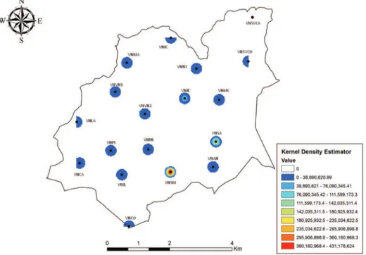 Fig. 3: map showing the Venda Nova Sanitary District and the Kernel density analysis of vectors.