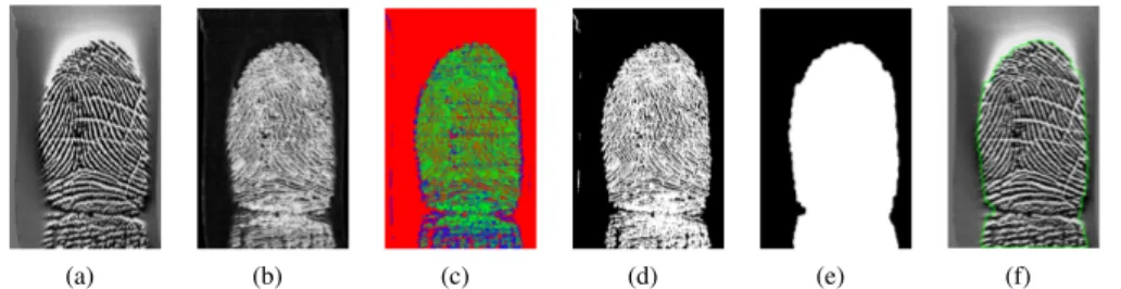 Fig. 2: Outputs of the proposed fingerprint segmentation framework (RANGE feature and FCM method): (a) Original image, (b) Range feature, (c) FCM clustering for C = 3, (d) Binary image, (e) Final foreground mask, and (f) Foreground boundary superimposed on