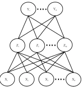 Figura 1.  Esquema da única camada oculta da rede neural  de retropropagação.