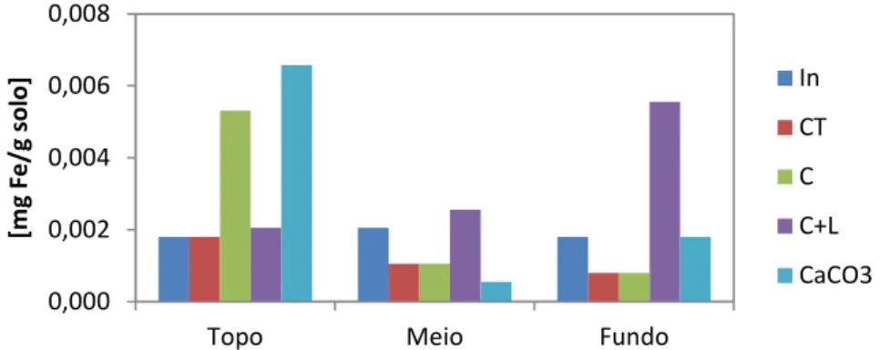 Figura 79. Fração mássica de Fe no solo inicial e nos perfis de solo tratado (Podzol - 7,5 ton.ha -1  - E