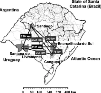 Fig. 1: map showing the geographic distance (in km) between the collecting points of Triatoma rubrovaria in the State of Rio Grande do Sul, Brazil.