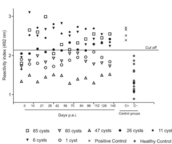 Fig. 2: results expressed in reactivity index, considering each collecting day (days p.e.i.) using sandwich enzyme-linked immunosorbent assay for circulating antigen detection, of serum samples from seven  experi-mentally infected pigs as well as from both