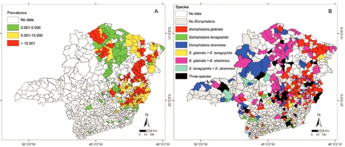Fig. 1: spatial distribution of the (A) schistosomiasis prevalence and (B) Biomphalaria spp.