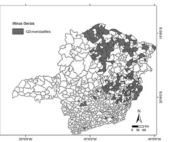 Fig. 2: schistosomiasis prevalence and the presence (in gray) or not (in  white) of the Biomphalaria glabrata from the 123 municipalities.