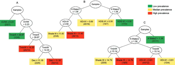 Fig. 4: graphical representation of decision trees A (A), B (B) and C (C). Temperature in  o C