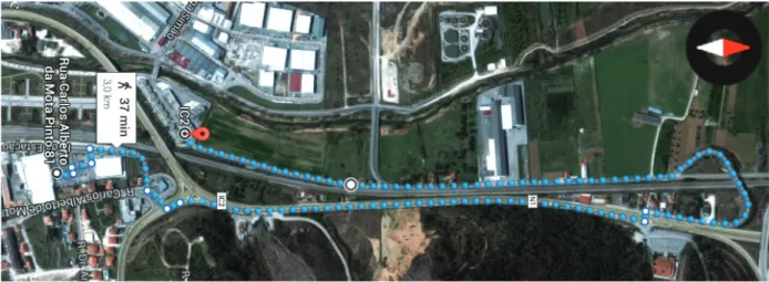 Fig. 1. The original 3-kilometer pedestrian route to the city outskirts (Google Earth imagery at source coordinates 39.922800, -8.630559) 