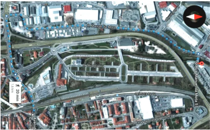 Fig. 3. The current 1.6-kilometer pedestrian route to the city centre (Google Earth imagery at source coordinates 39.922065, -8.632012) 