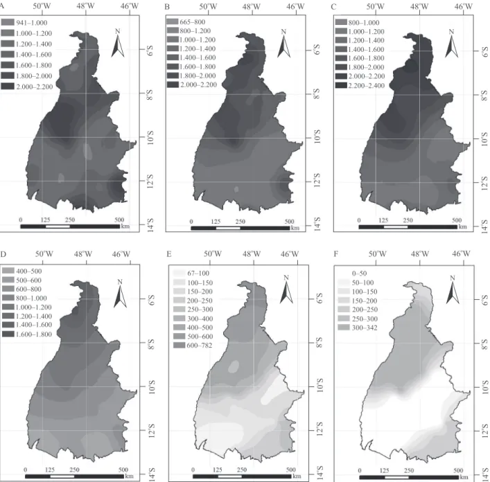 Figura 5. Mapas de erosividade média (MJ mm ha ‑1  h ‑1  por mês) para o período de 1985 a 2009, para janeiro (A), fevereiro  (B), março (C), abril (D), maio (E) e junho (F), no Estado do Tocantins.