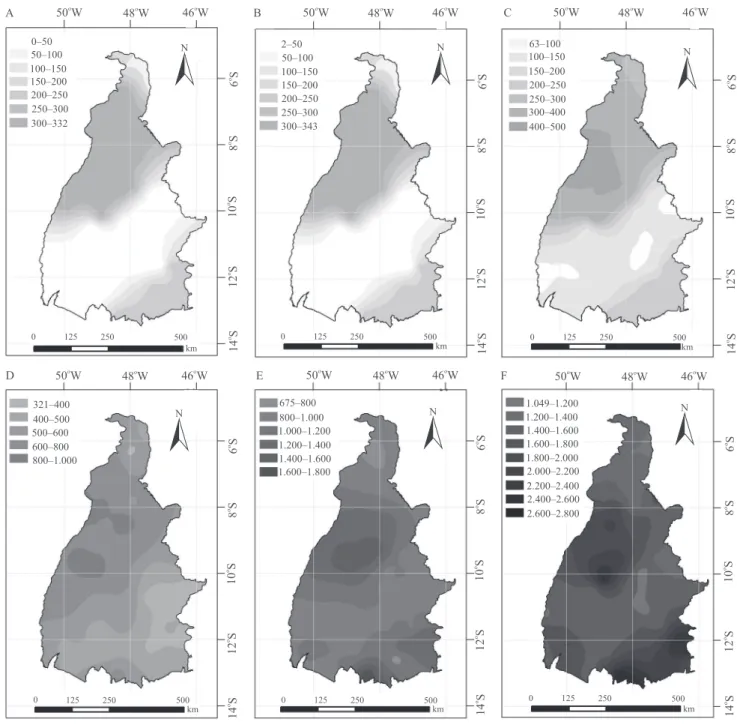 Figura 6. Mapas de erosividade média (MJ mm ha ‑1  h ‑1  por mês) para o período de 1985 a 2009, para julho (A), agosto (B),  setembro (C), outubro (D), novembro (E) e dezembro (F), no Estado do Tocantins.