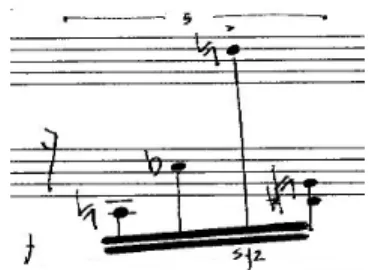 Fig. 28.   Compasso  26  de  Chronos  V.  Neste  gesto  musical  a  extensão  abrangida  entre a nota mais grave e a mais aguda é de mais de três oitavas