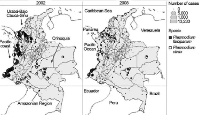 Fig. 1: malaria transmission foci in Colombia: evolution of the dis- dis-tribution  of  malaria  cases  in  Colombia  in  2002  and  2008  by  Plas-modium species